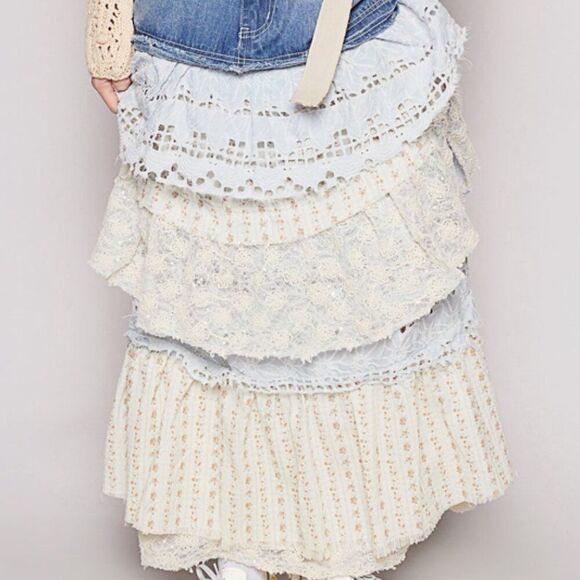 POL Clothing Floral Patchwork Eyelet Ruffle Denim Maxi Skirt NEW! - Picture 3 of 13
